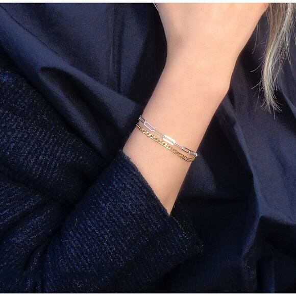 Sterling Silver Paperclip Bracelet, Adjustable 925 Rectangle Flat Link Bracelet - Picture 1 of 5